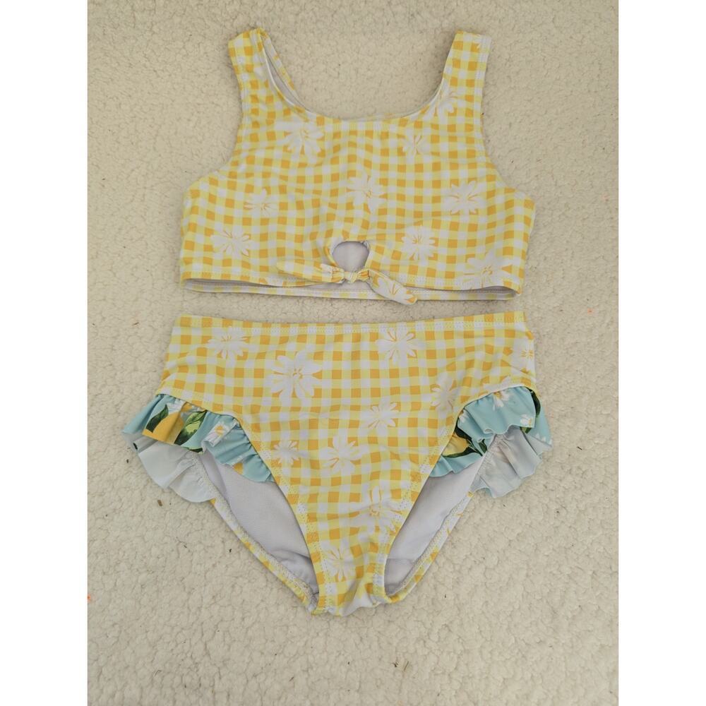 Bmagicalβ Girls Yellow Gingham Daisy Lemon Ruffle Two Piece Swimsuit Size 10